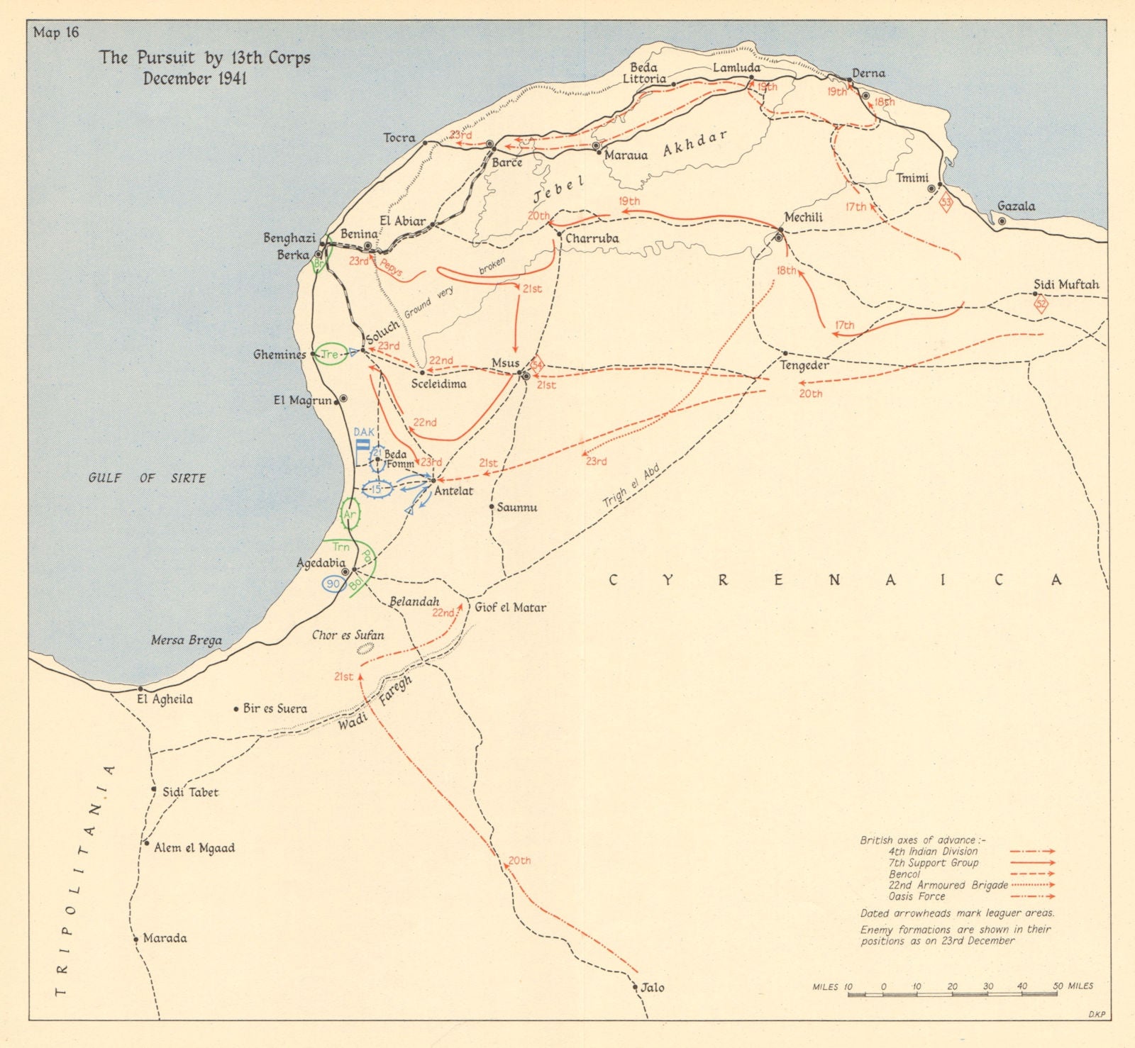 LIBYA World War 2 Winter Battle Pursuit by 13th Corps Dec 1941 1960 old map